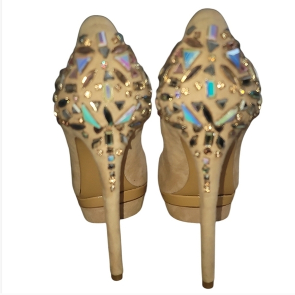 Brian Atwood Nude / Champagne suede Crystal Back Platform Heels stilettos 7 - Picture 6 of 6